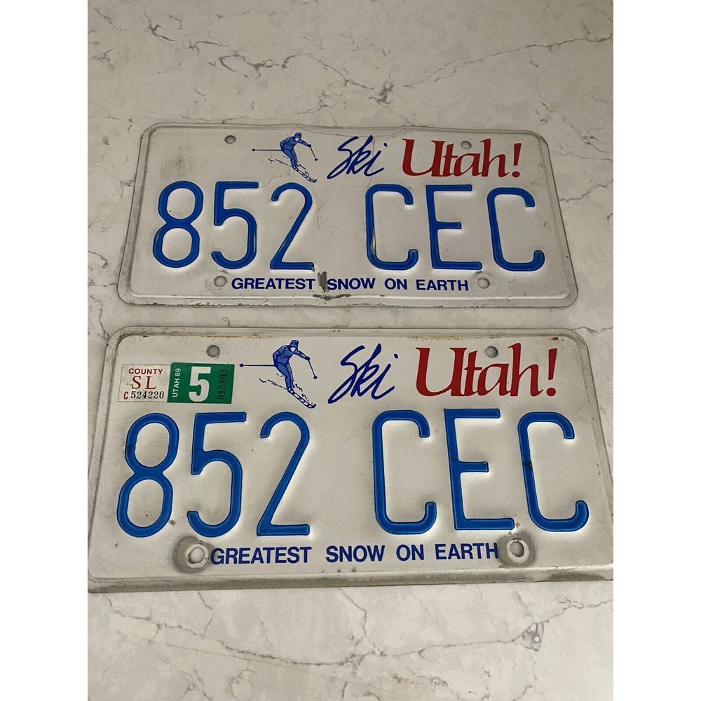 Vtg Ski Utah License Plate Greatest Snow On Earth Matching Pair Salt Lake Co